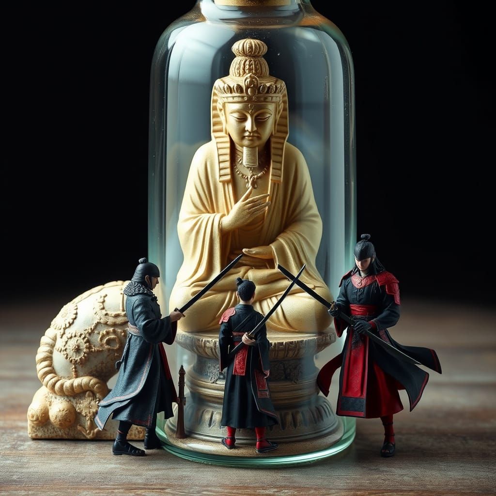 Sphinx and Buddha with Samurai in Glass Bottle