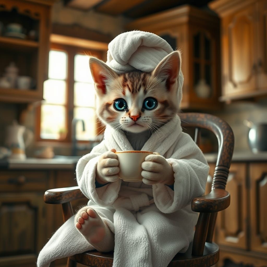 Kitten in Bathrobe: Whimsical Coffee Break in Rustic Kitchen