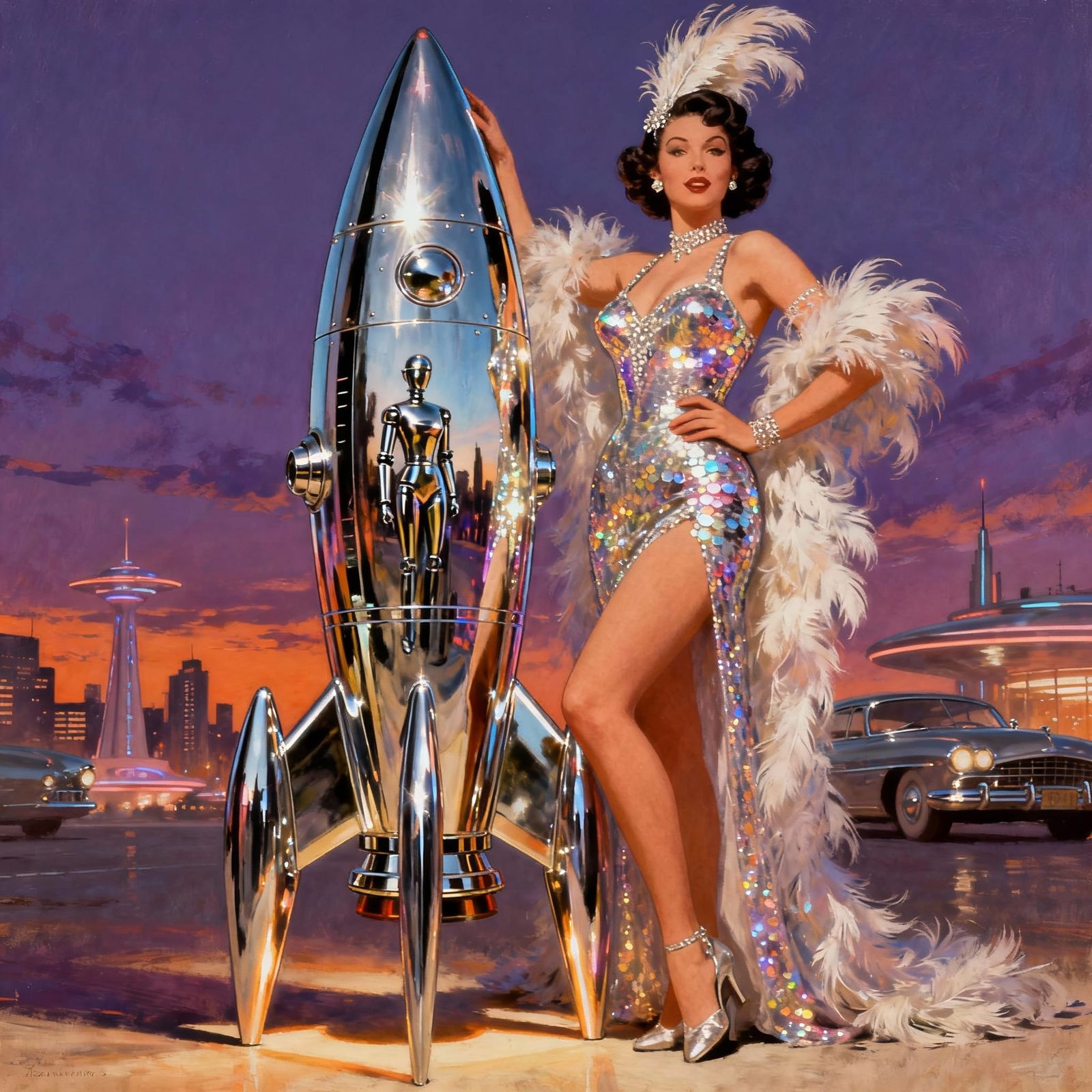 A vintage 1950s showgirl, adorned in shimmering sequins and ...