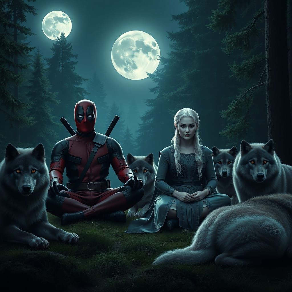 Deadpool and Daenerys in Meditative Harmony with Wolves unde...