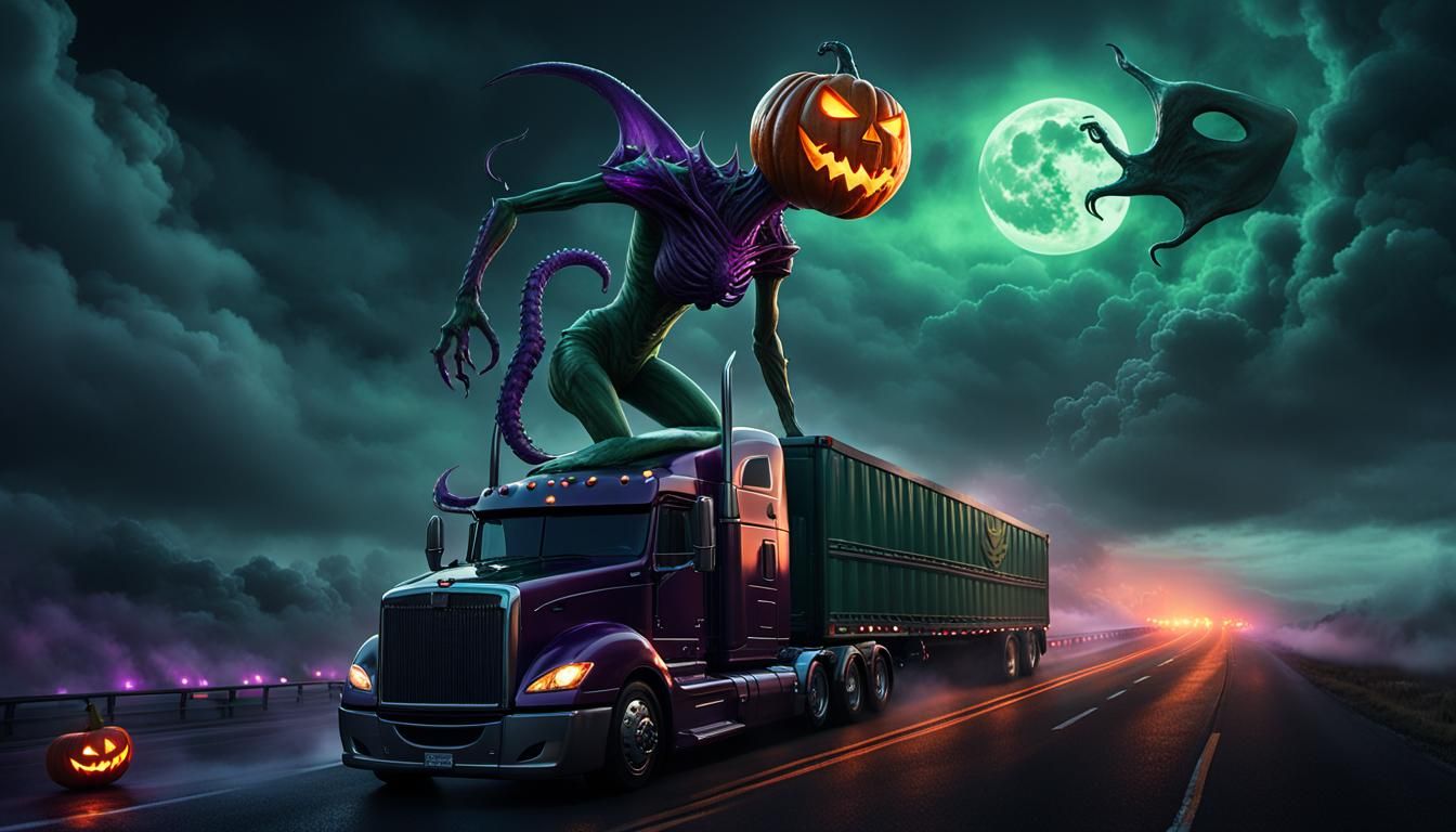 Alien Demon Rides Semi in Dark Surrealism Style