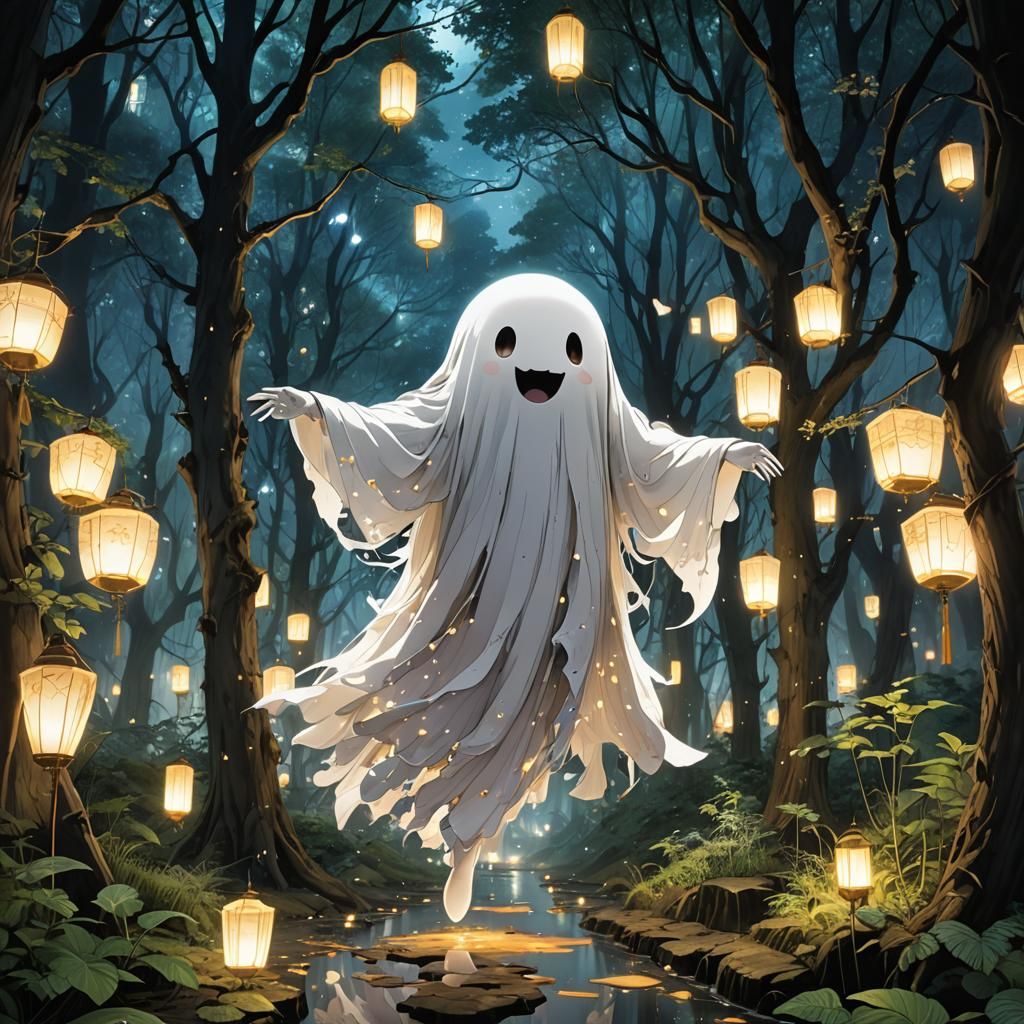 Laughing Ghost in Firefly Forest: Kirigami Anime Art