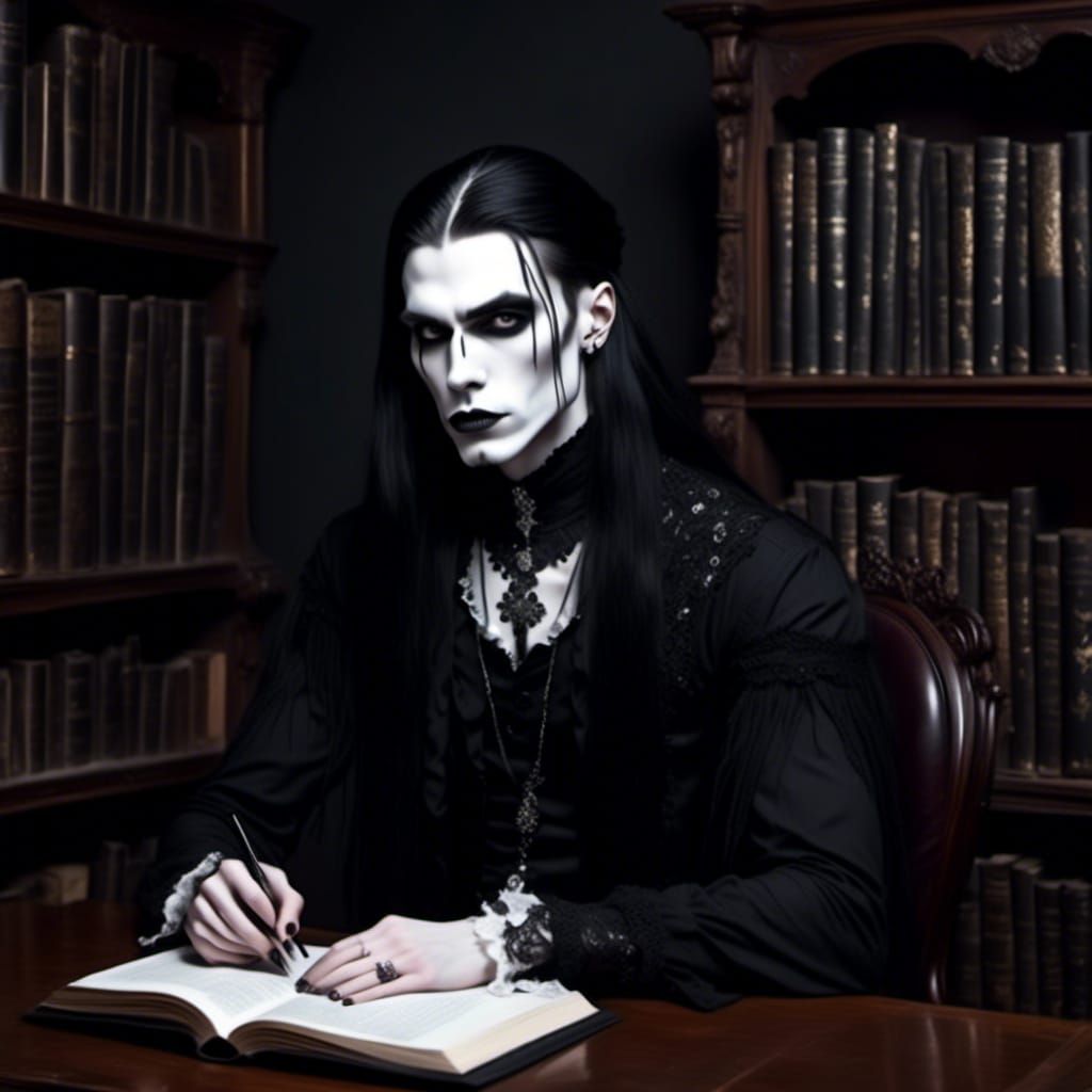 Gothic Writer in Baroque Room with Black Book