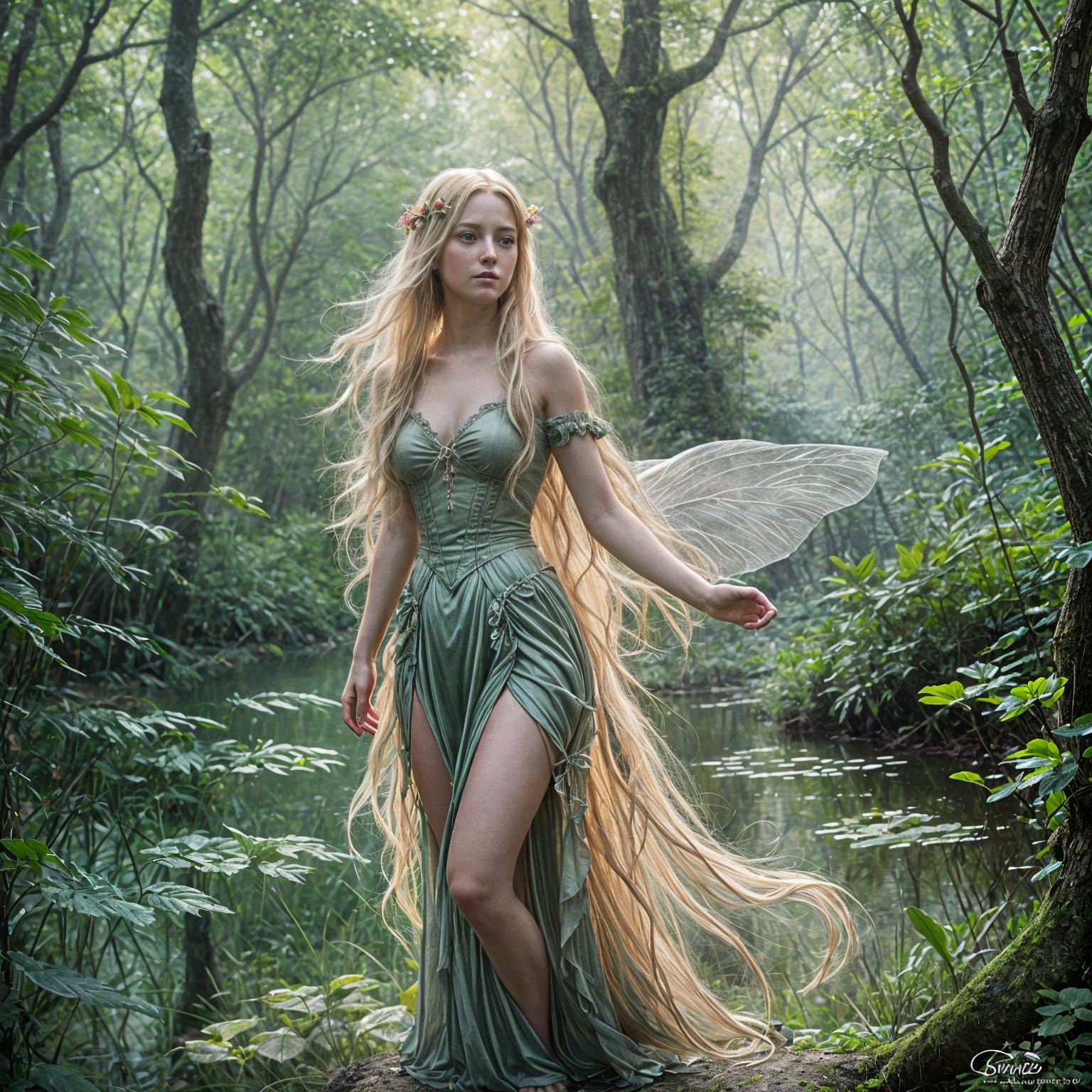 Half Nymph Half Fairy with Flowing Blonde Hair