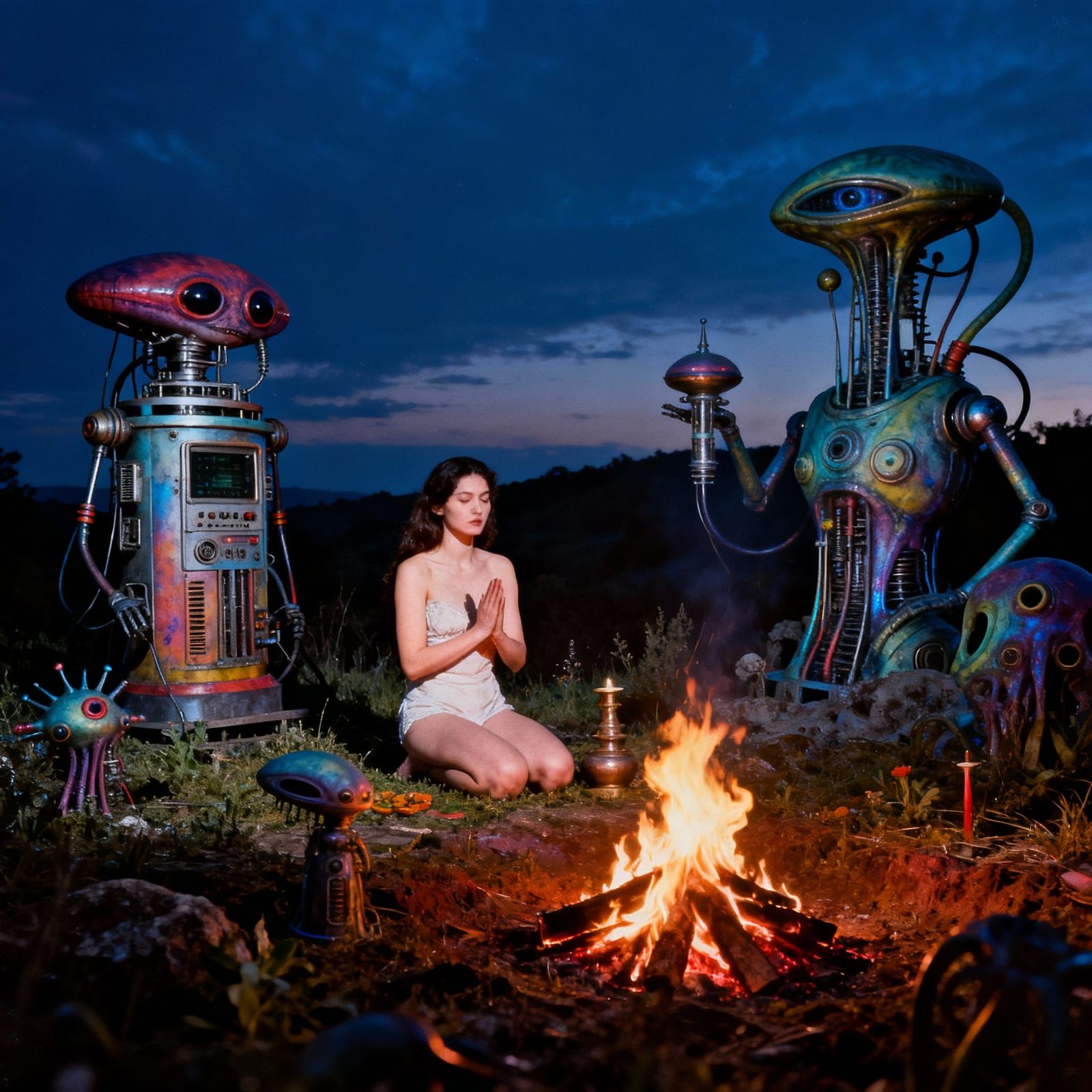 Surreal Feminine Landscape with Alien Machines as Silver Nit...