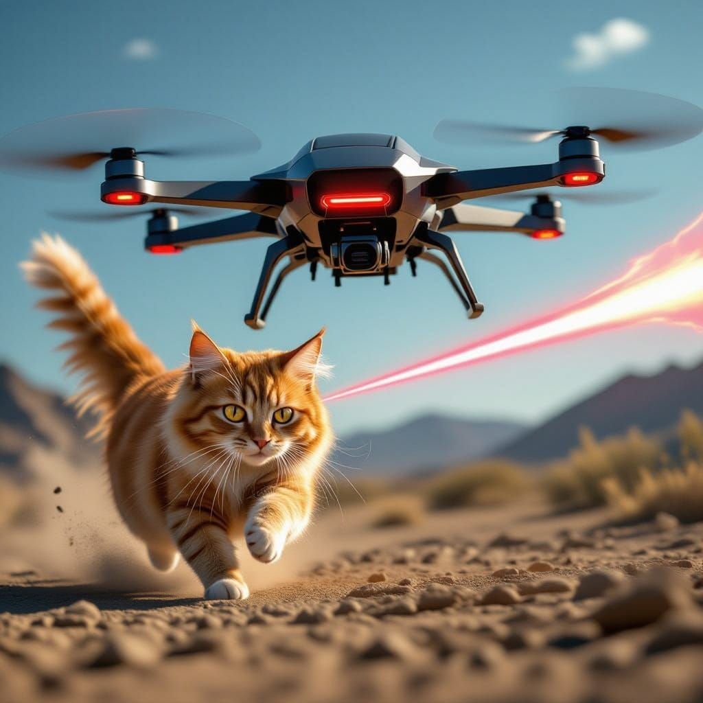 Red Cat Chased by Futuristic Drone in High-Tech Action Scene