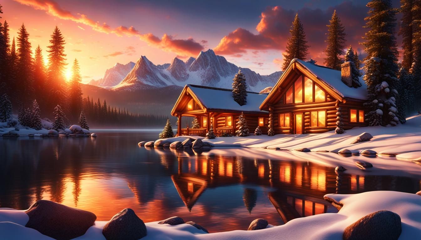 Sunset Cabin at Christmas: Fantasy Concept Art