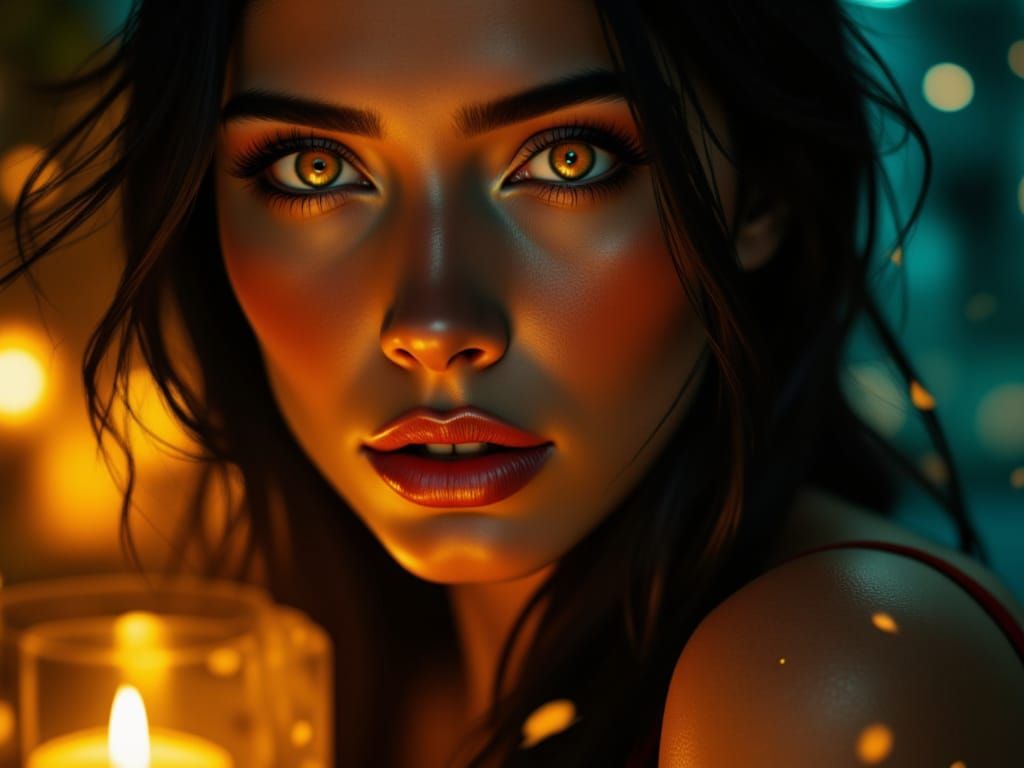 Close-Up Portrait with Glowing Amber Eyes