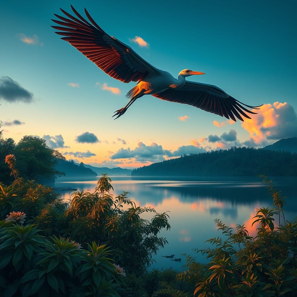 Crane Hovers Over Lake at Dusk: Matte Painting