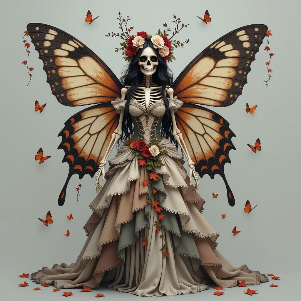 Skeletal Fairy with Butterfly Wings in Gothic Gown