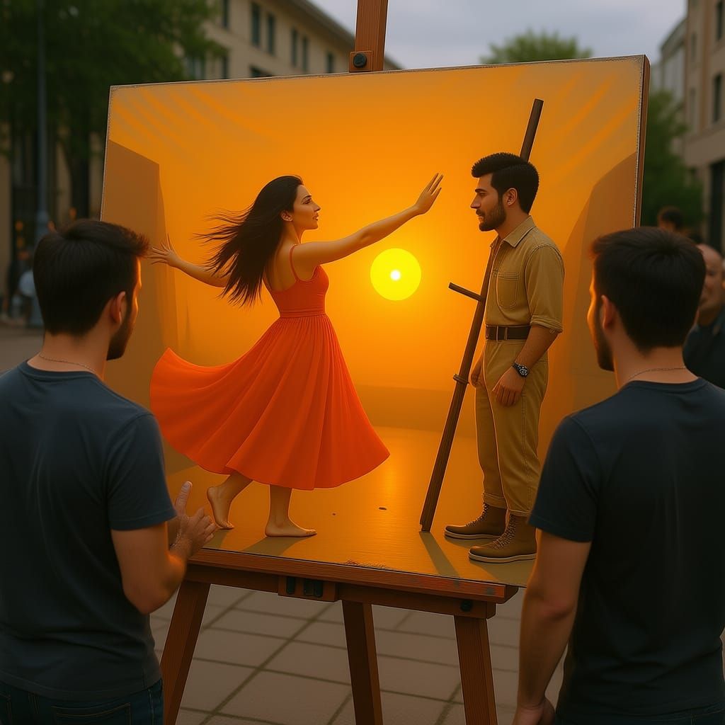 Girl Dancing in Golden Hour Orange Sunset Painting
