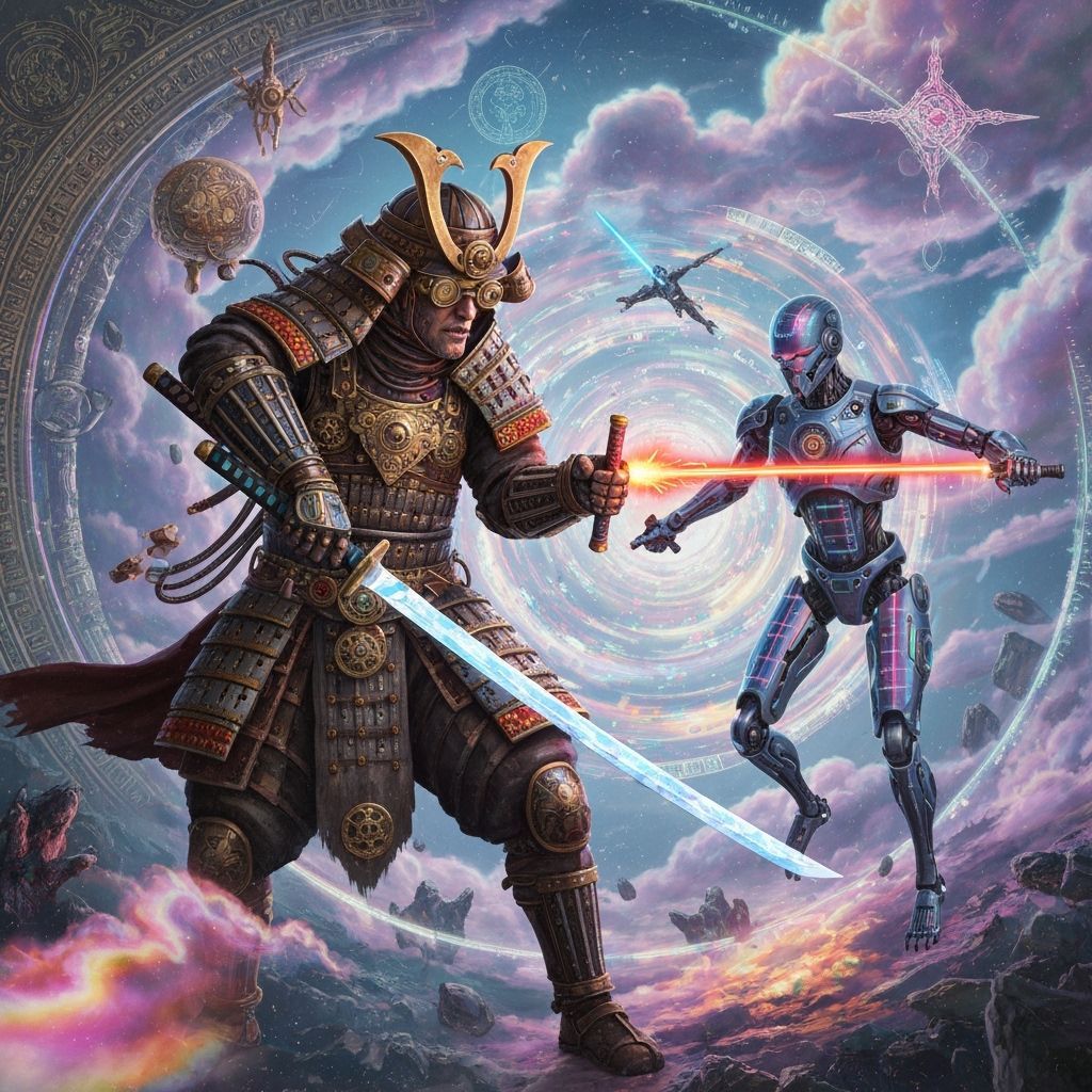 Steampunk Samurai vs Solarpunk Robot in Time Vortex