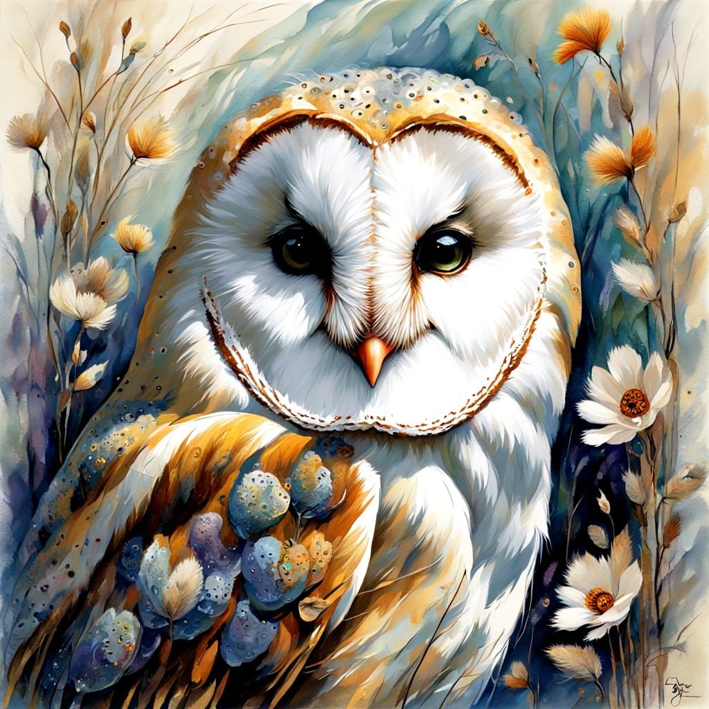 Barn Owl and Mouse in Soft Impressionist Spring Landscape