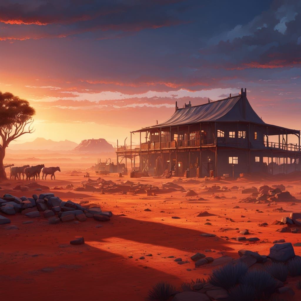 Australian Outback Cattle Station in Oil Painting Style