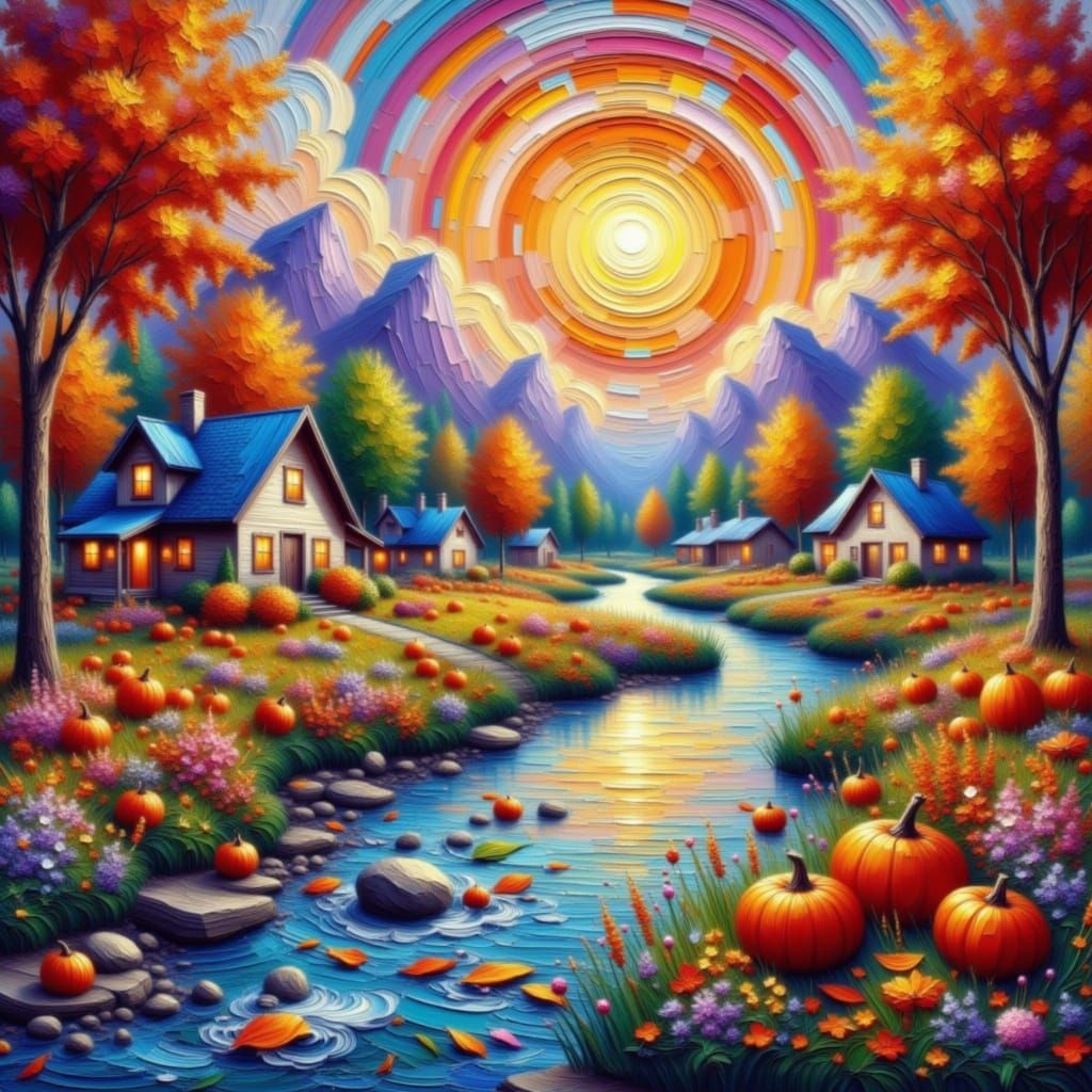 Autumn Village by River in Golden Hour