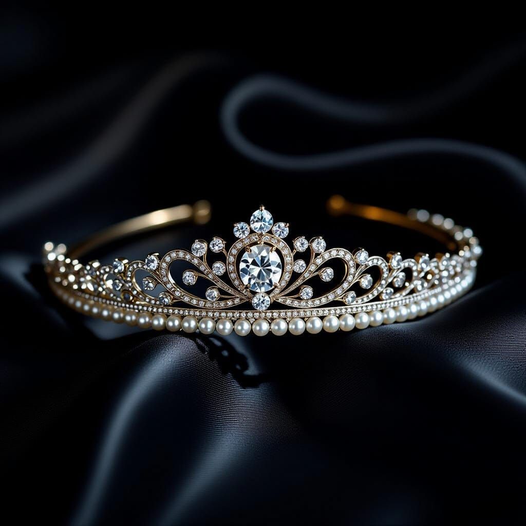 Victorian Diamond and Pearl Tiara on Silk