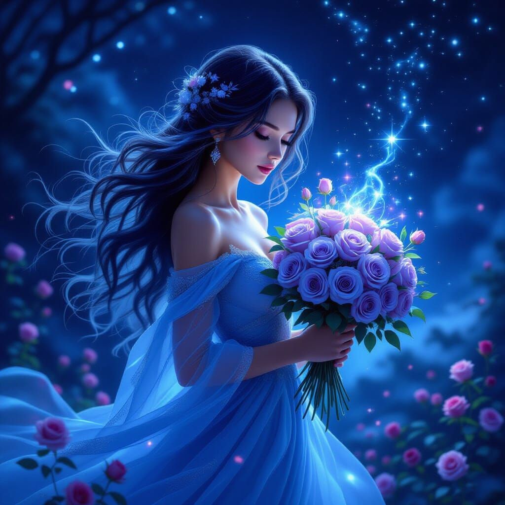 Ethereal Woman with Lilac Roses in Cosmic Landscape