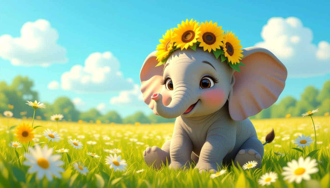 Cheerful Elephant with Sunflowers in Daisy Field