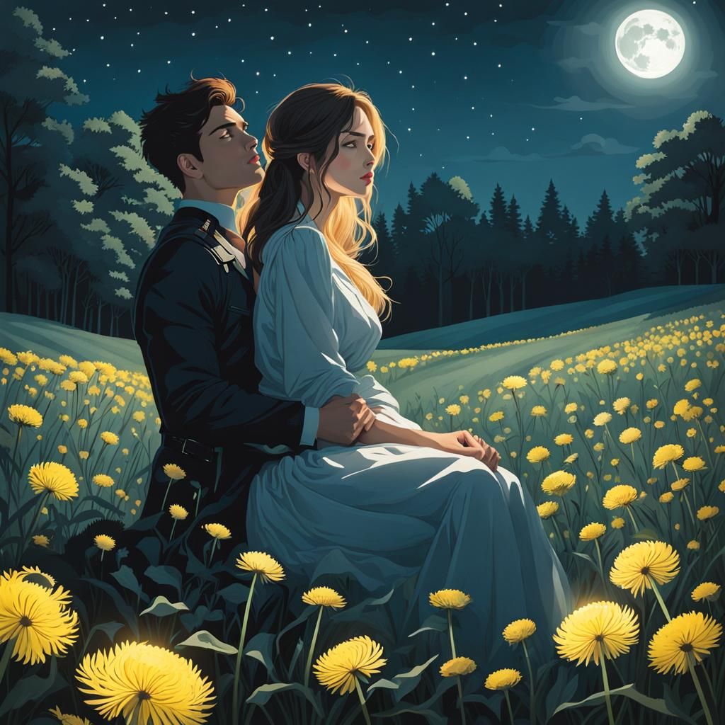 Woman with Shadow in Dandelion Field at Night
