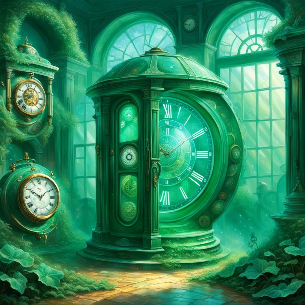 Green Time Machine with Clocks in Fantasy Style