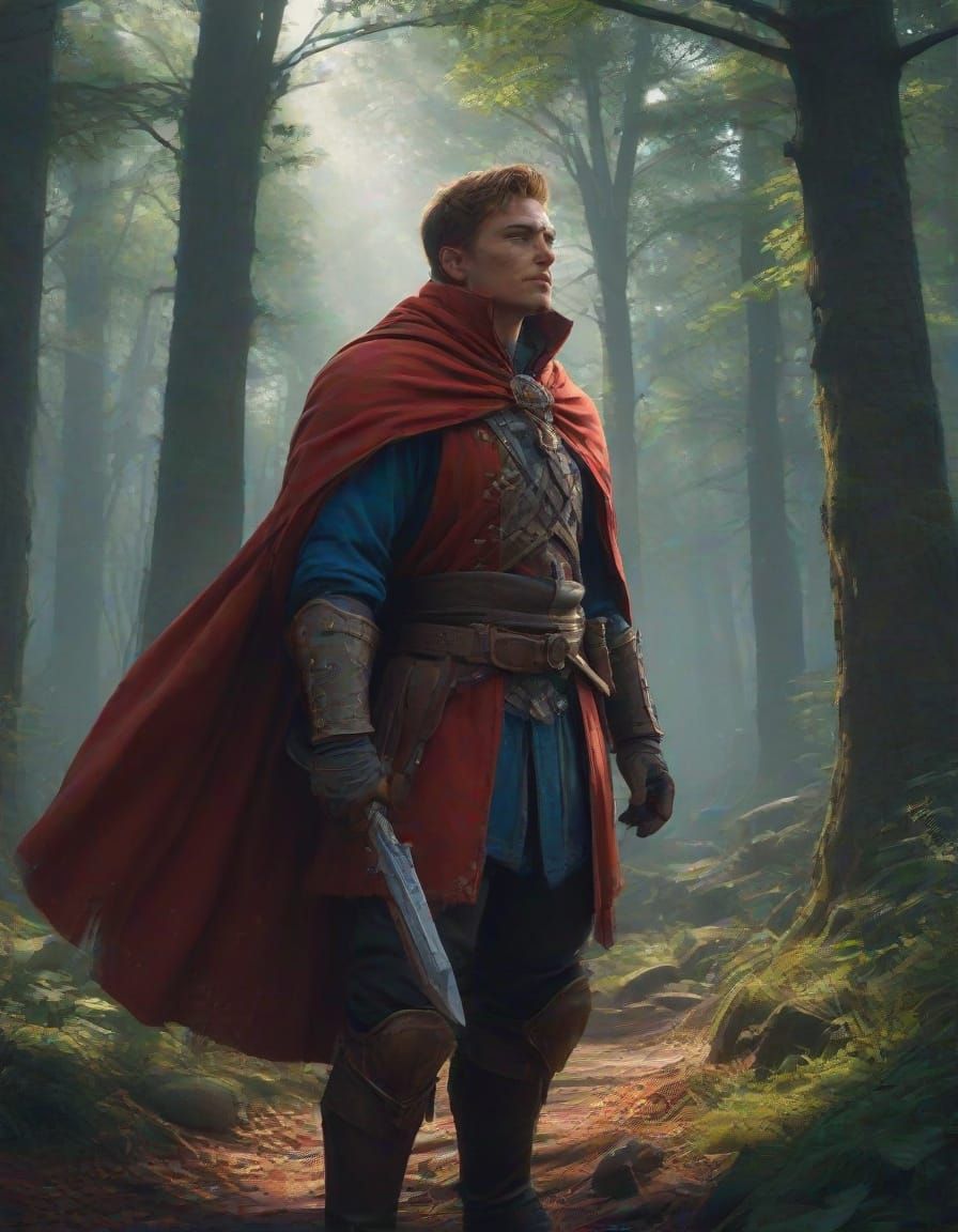 Medieval Fantasy Hero in Scarlet Tunic and Cloak, Standing i...