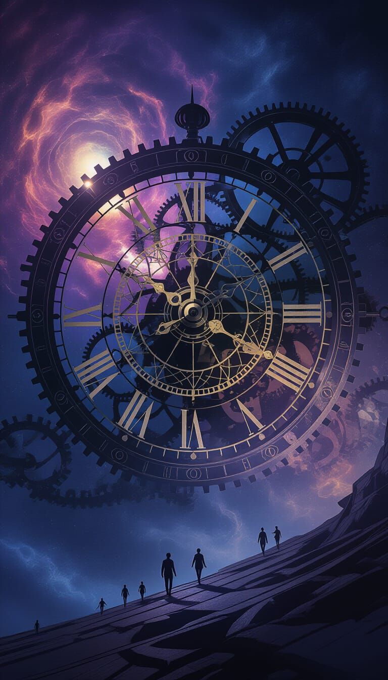 Cosmic Clock in Space: Human Fragility in Surrealist Style