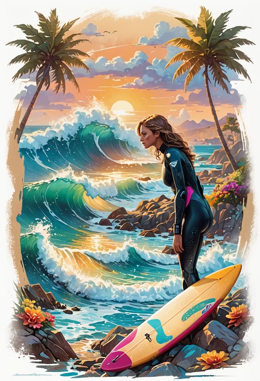 Surfer Girl on Rocky Beach in Vibrant Style