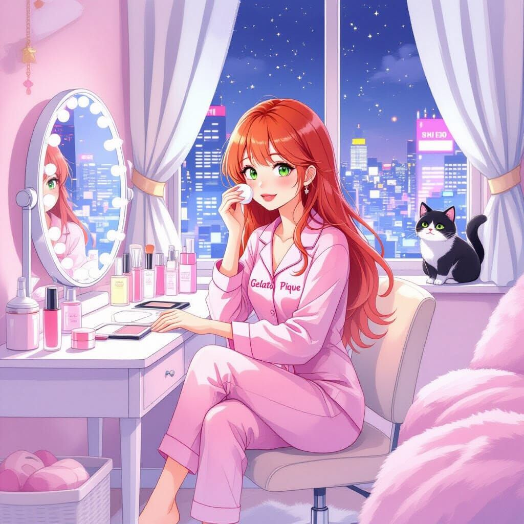 Japanese Woman Removing Makeup in Watercolor Style