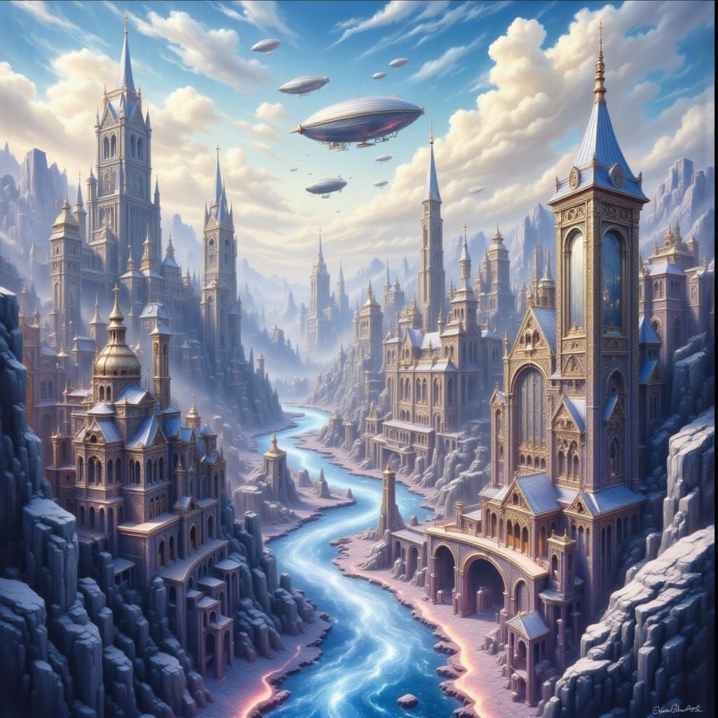 Fantasy Cityscape with Crystal Buildings in Watercolor Style
