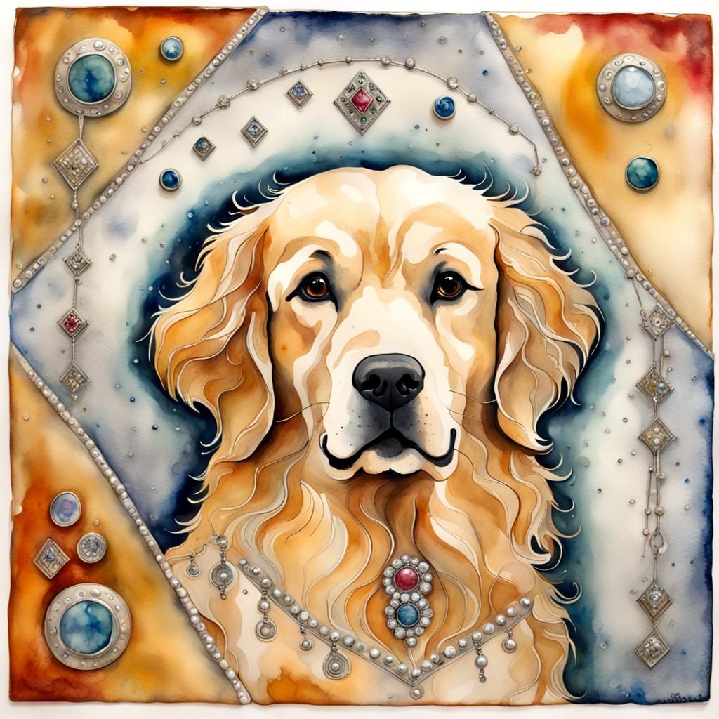 Encaustic Folk Art Golden Retriever with Jewels