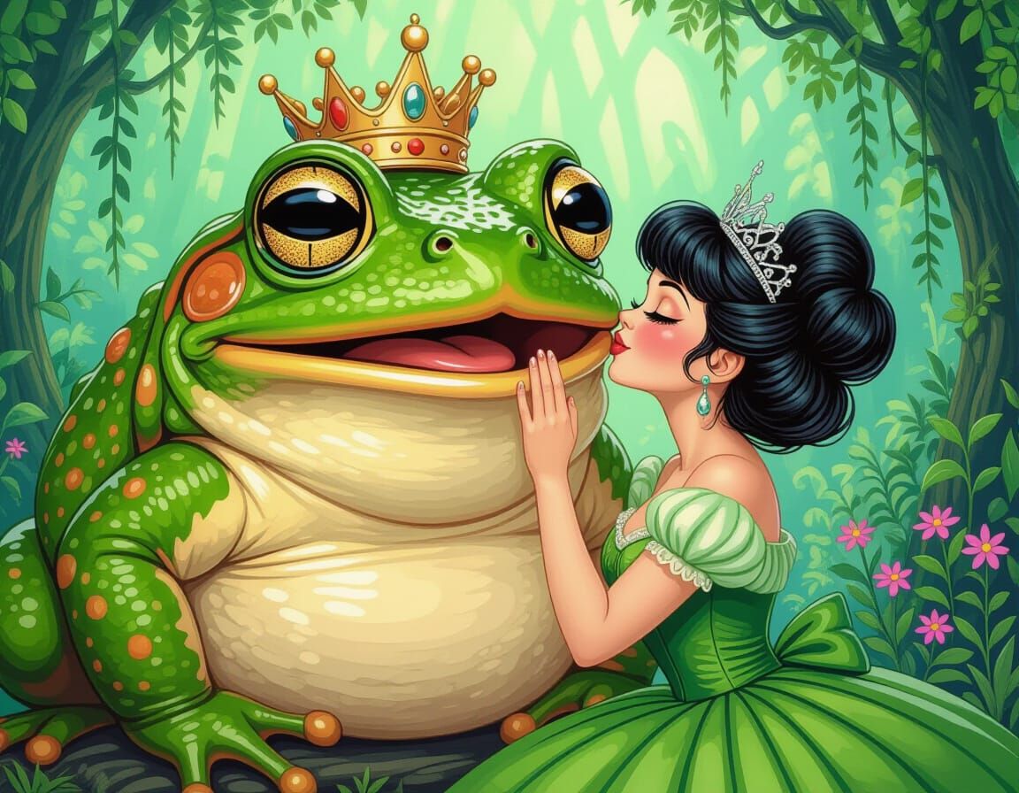 Giant Frog Gets a Kiss, Cartoon Drawing
