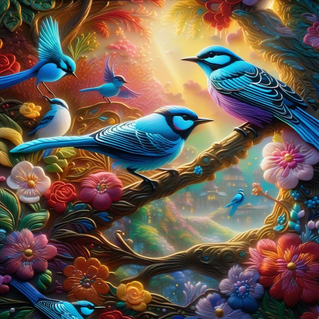 Birds on a branch in a fantasy world