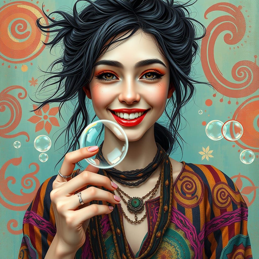 Joyful Bohemian Goddess Blows Bubbles in Whimsical Wonderlan...