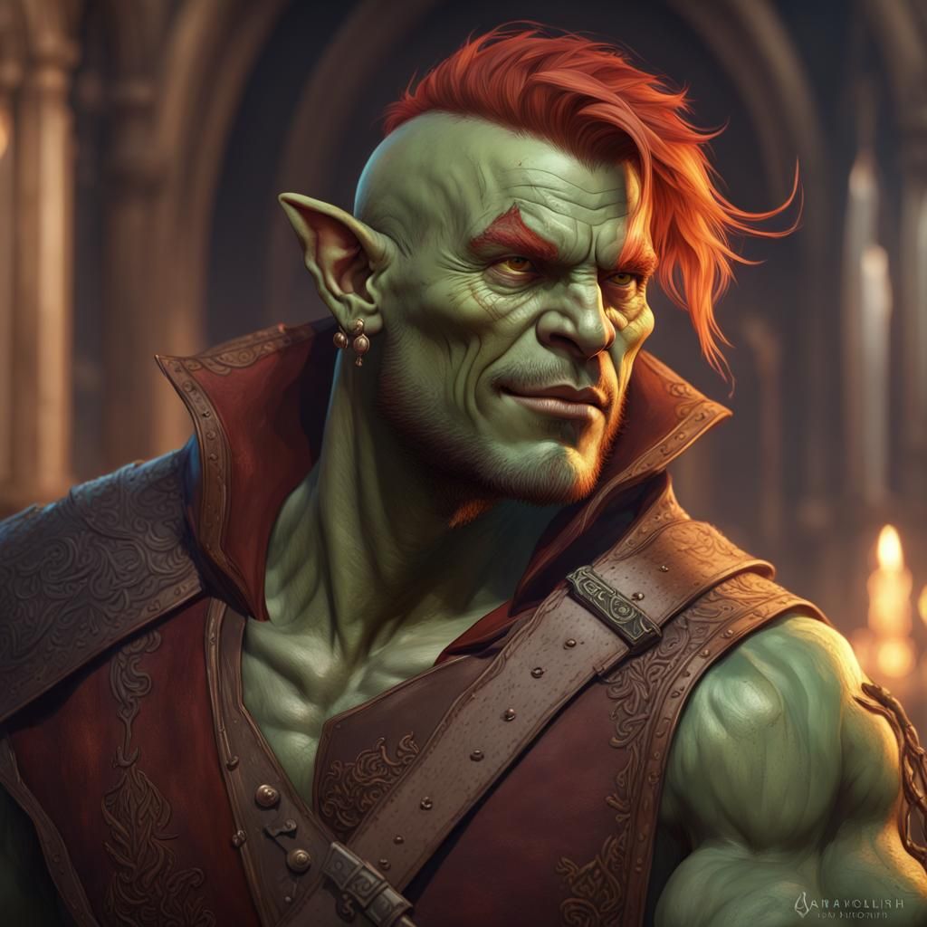 Green Orc Bard Portrait in Hyperdetailed Style