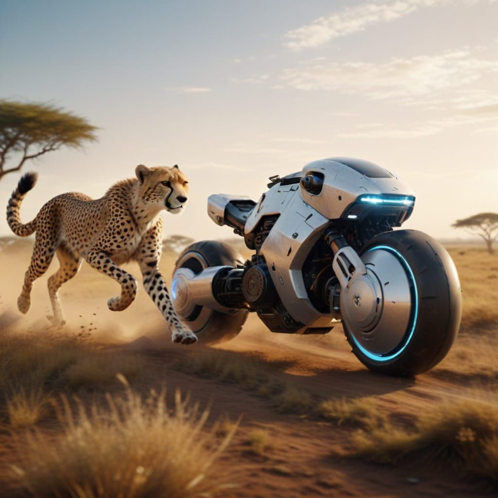 Cheetah and Robot Race on Savannah in Cinematic Style