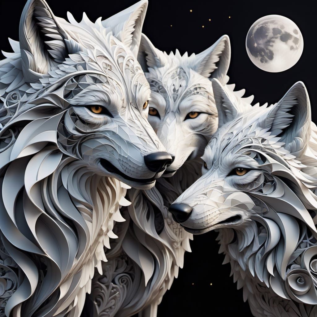 Moonlit Wolves in a Swirling Vortex of Patterns