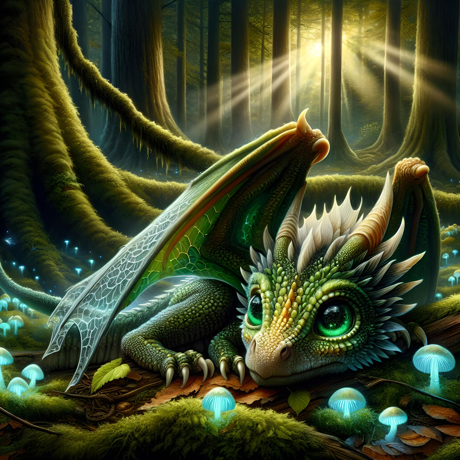 Endearing Baby Dragon Resting in Magical Forest