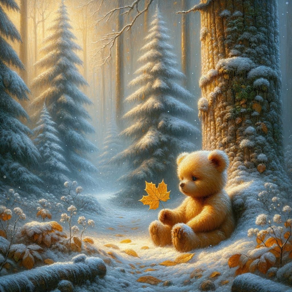 Impressionist Teddy Bear in Snowy Forest Clearing