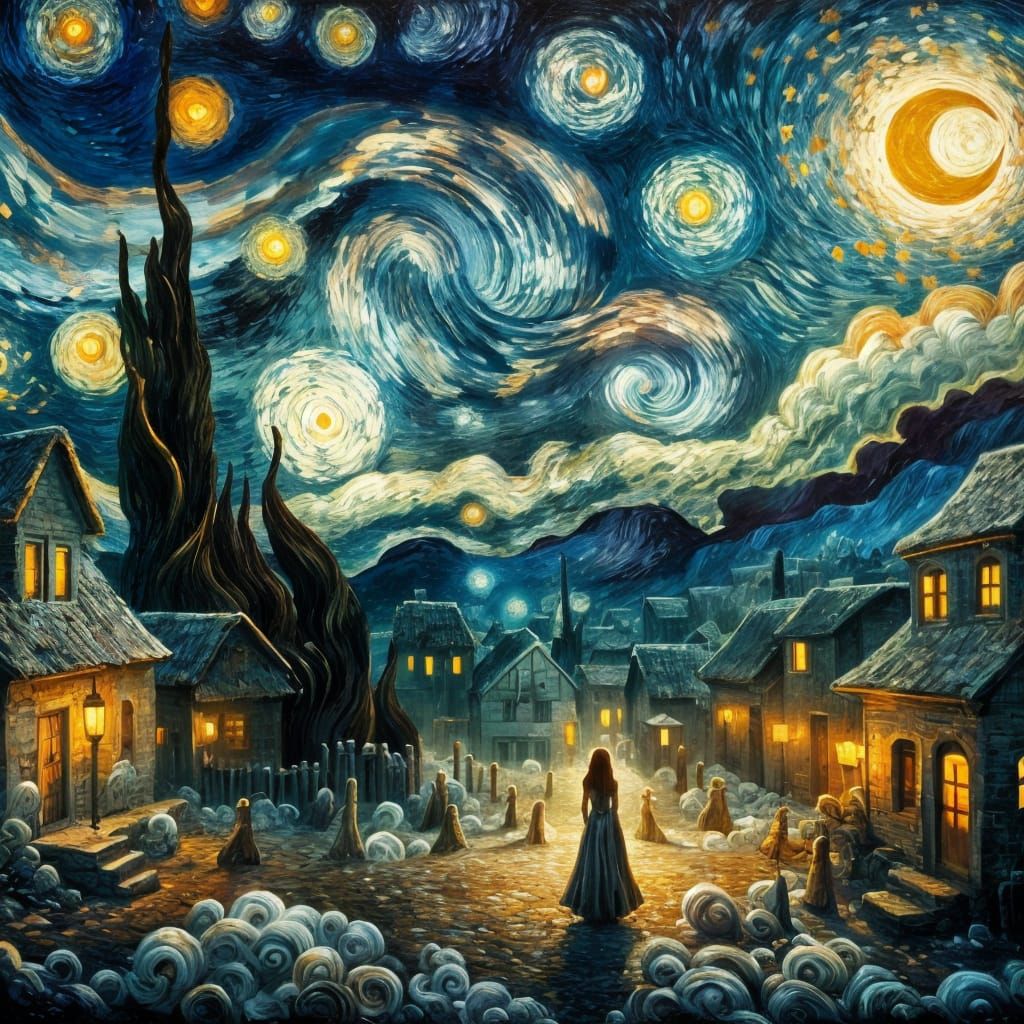 Woman in Dreamlike Village Under Starry Sky