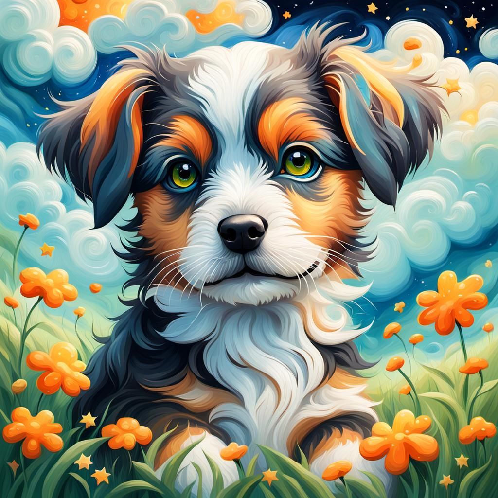 Puppy Portrait in a Magical Meadow as Oil Painting