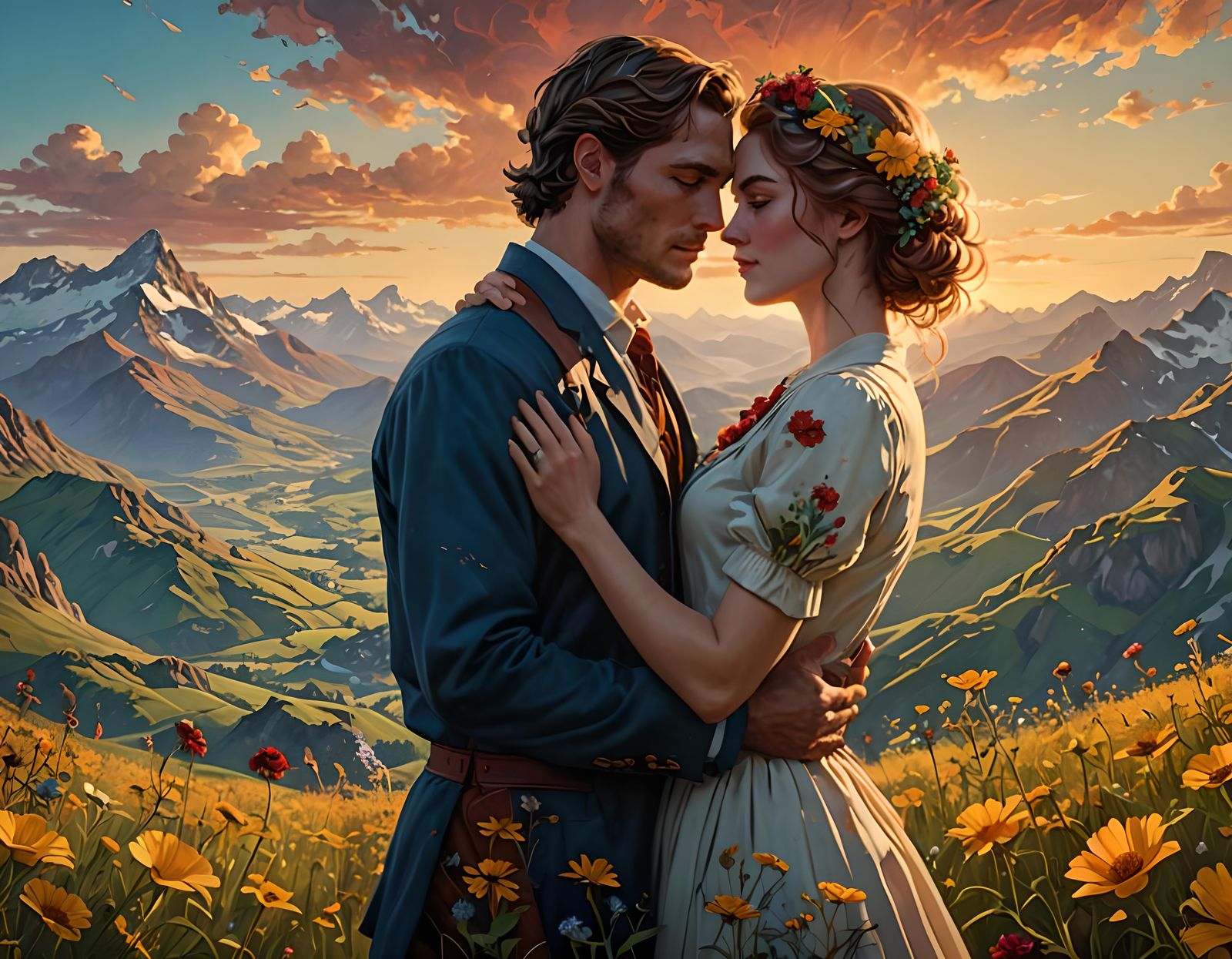 Romantic Mountaintop Embrace: Digital Illustration