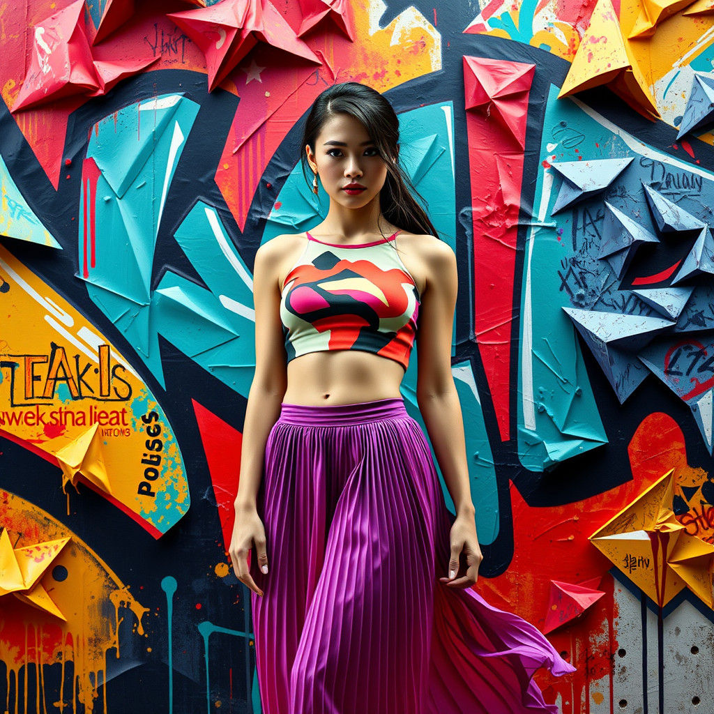 Hyperrealistic Woman in Graffiti Art Landscape