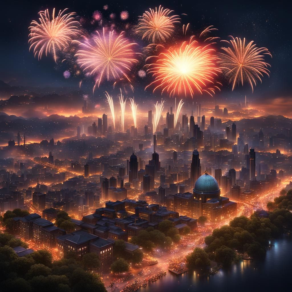 Spectacular Fireworks Display Over City Lights