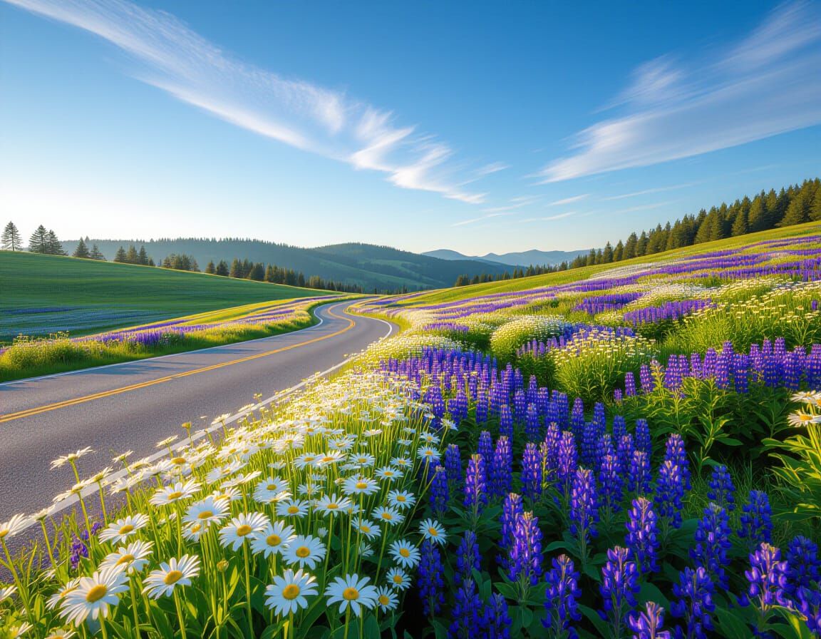 Winding Road Through Flower Field, Photography Aesthetic