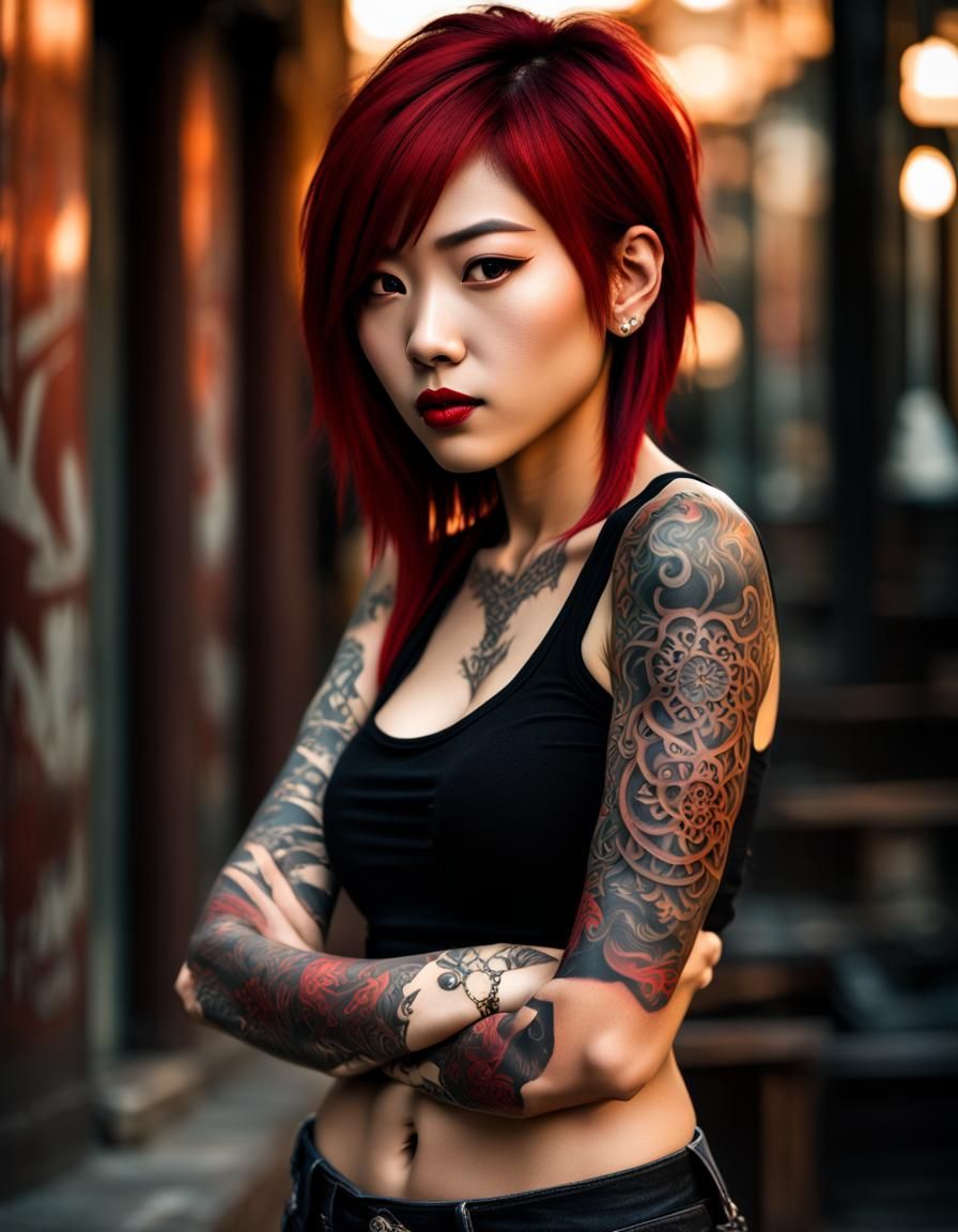 Hyperrealistic Asian Teen with Tattoos and Red Outfit