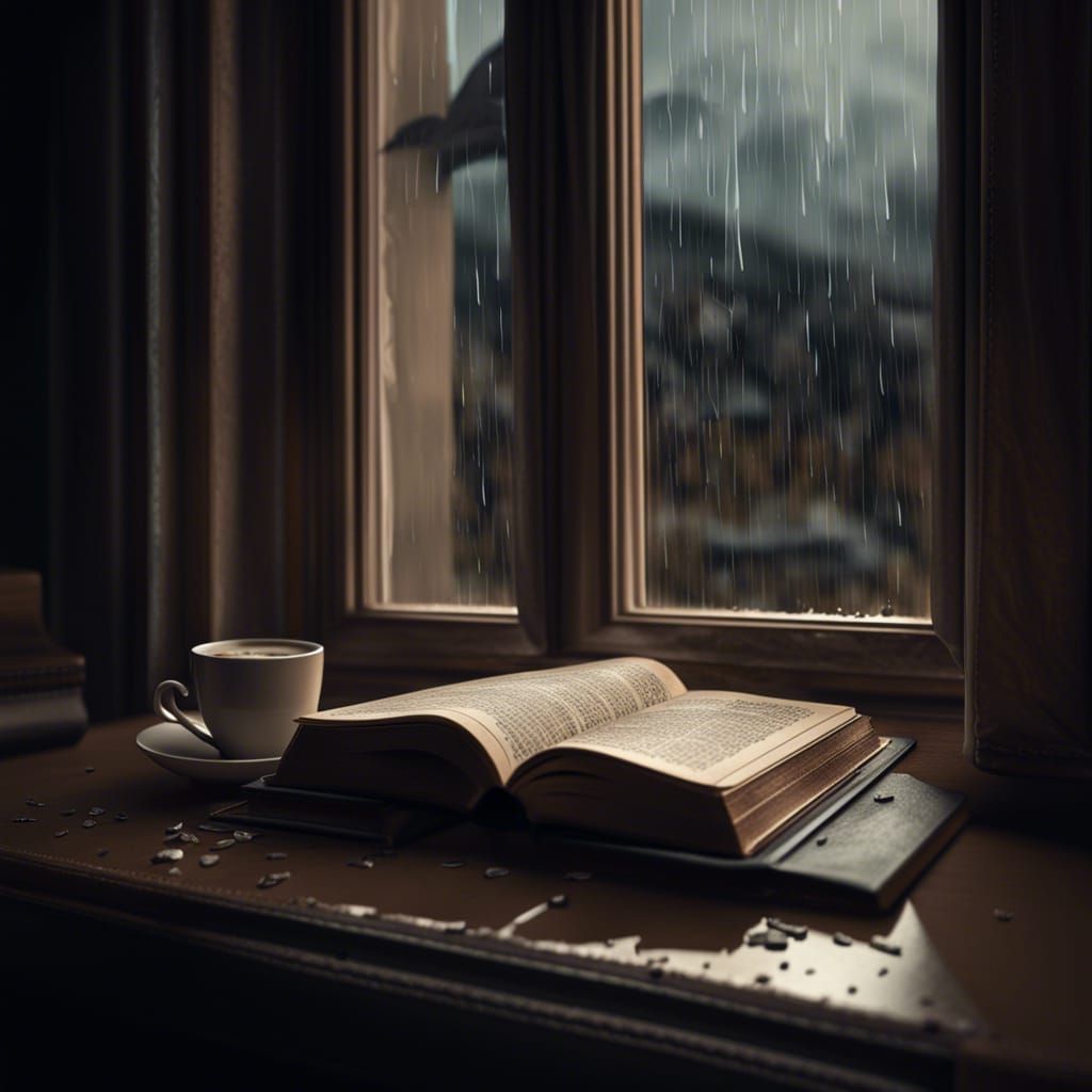 Beige Aesthetic: Book, Coffee, and Rainy Window