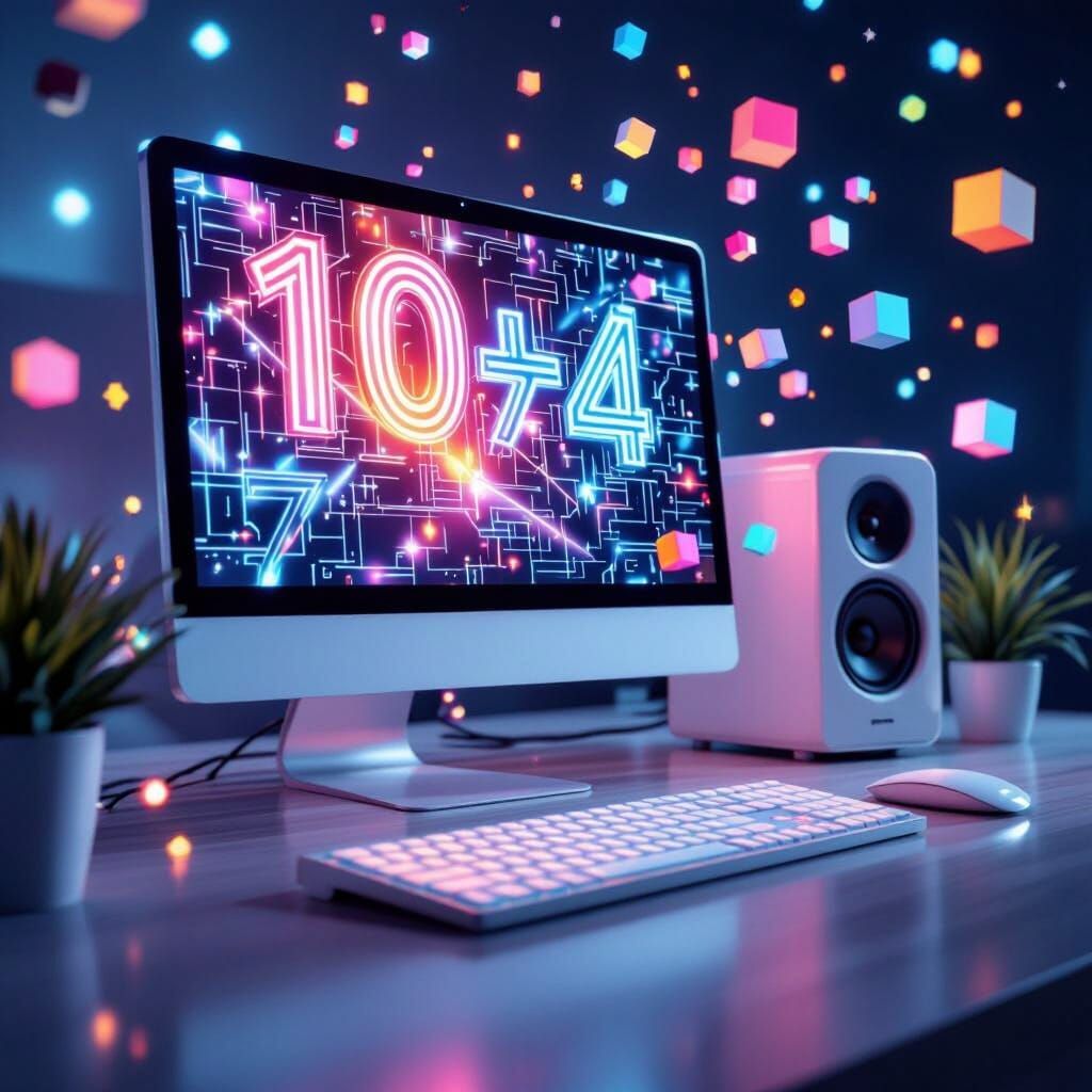 Modern Computer with Leaping Boxes in a Vibrant Style