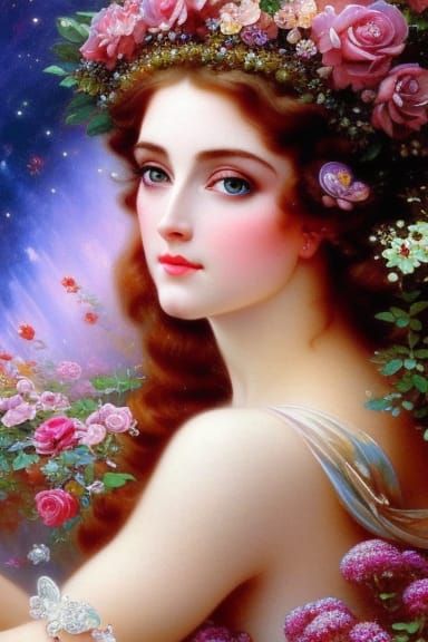 Red Rose Fairy Portrait in Art Nouveau Style