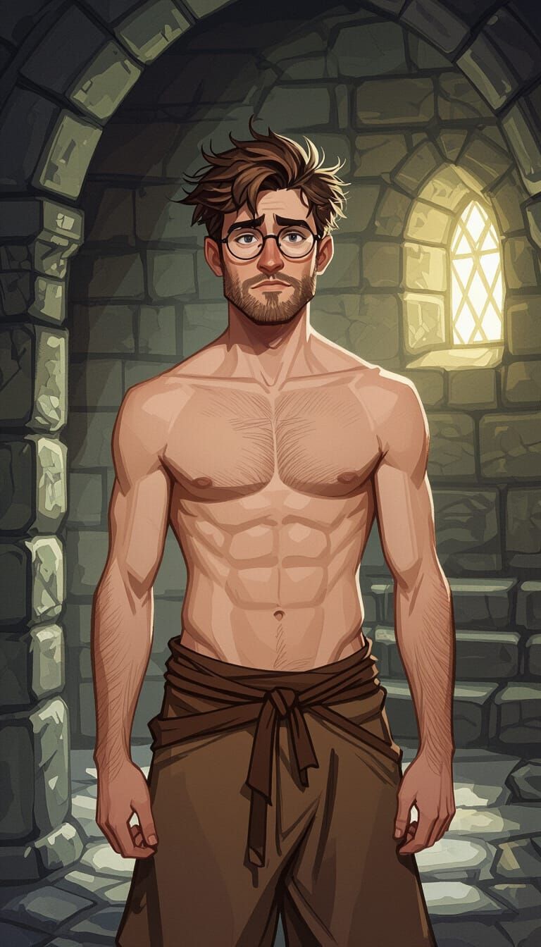 Nerdy Wizard in Stone Chamber, Dark Fantasy Art