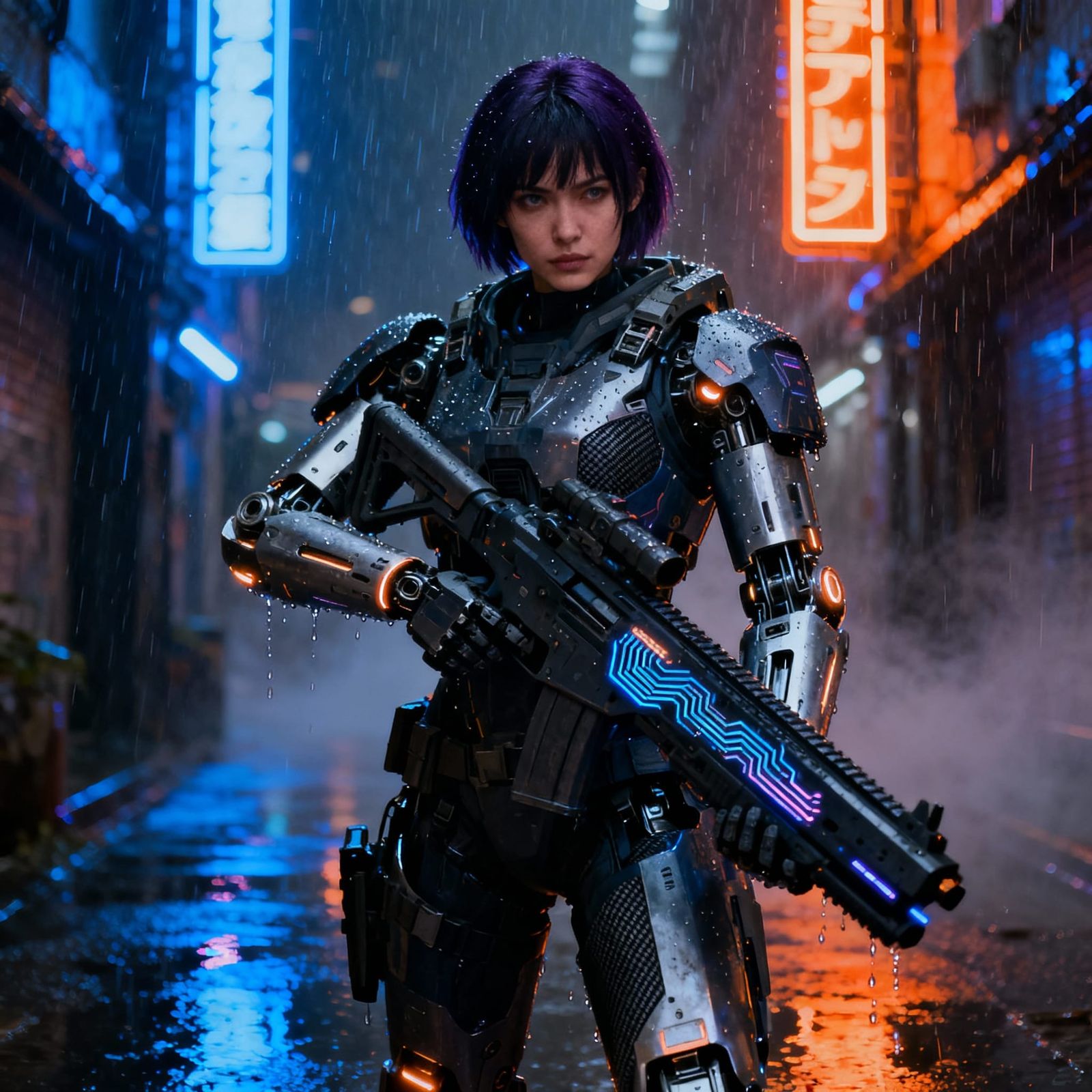 Cyberpunk Soldier in Neon Alley